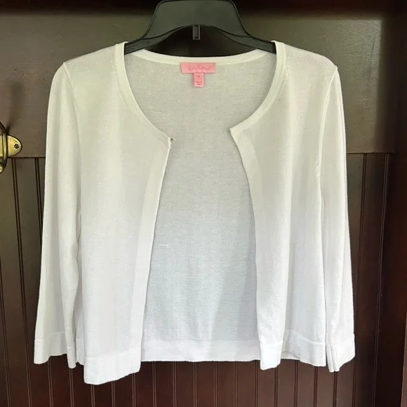 LILLY PULITZER Knit Cropped 3/4 Sleeve Cardigan Preppy Old Money Parisian Size M - Picture 4 of 13